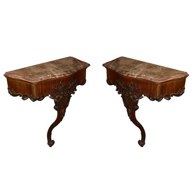 Coppia di consolle da muro con piano in marmo rosso, cm 70x58x30