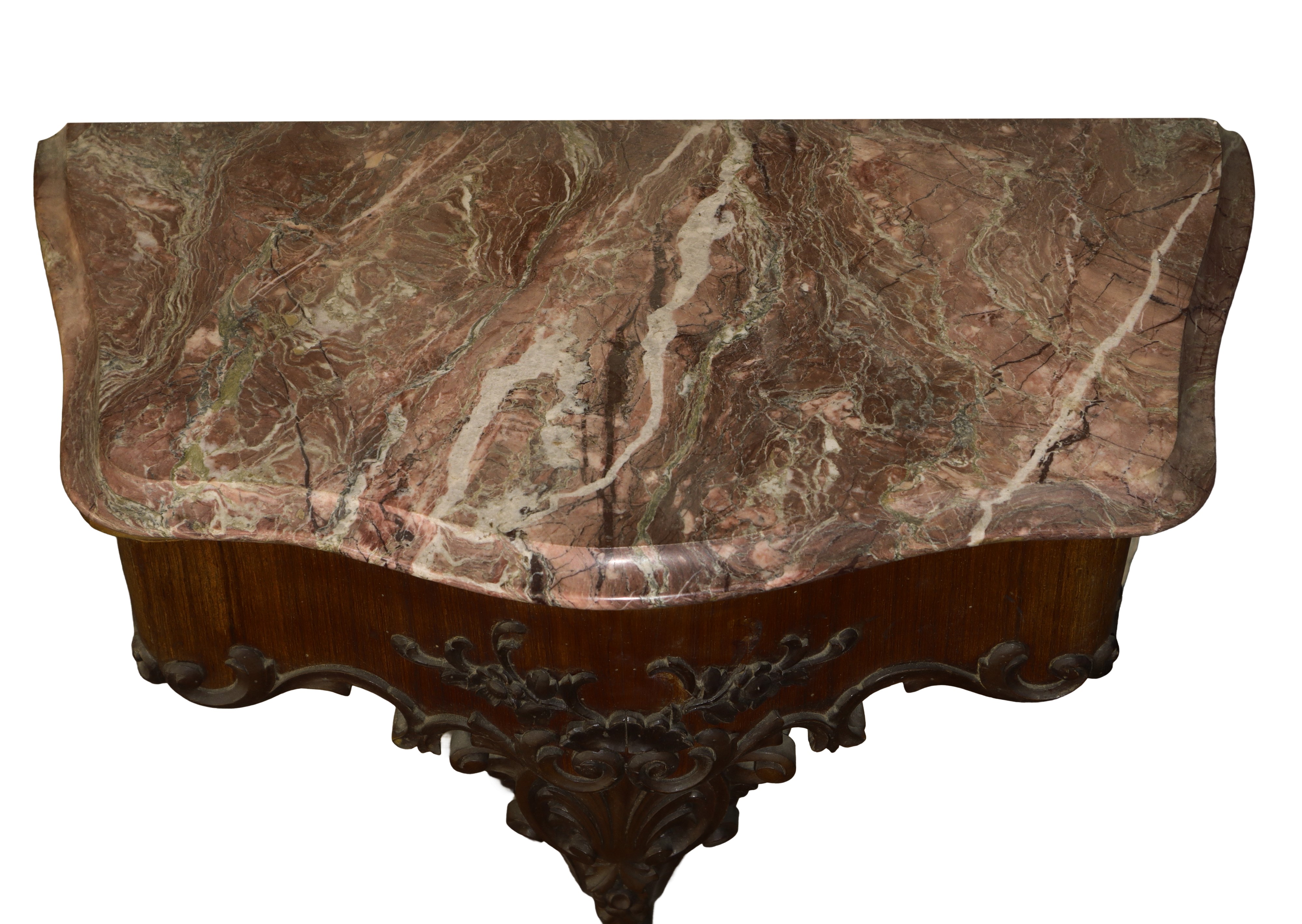 Coppia di consolle da muro con piano in marmo rosso, cm 70x58x30