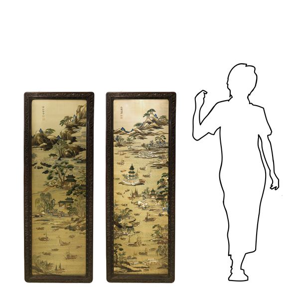 Pair of Chinese panels with embroidery within a wooden frame