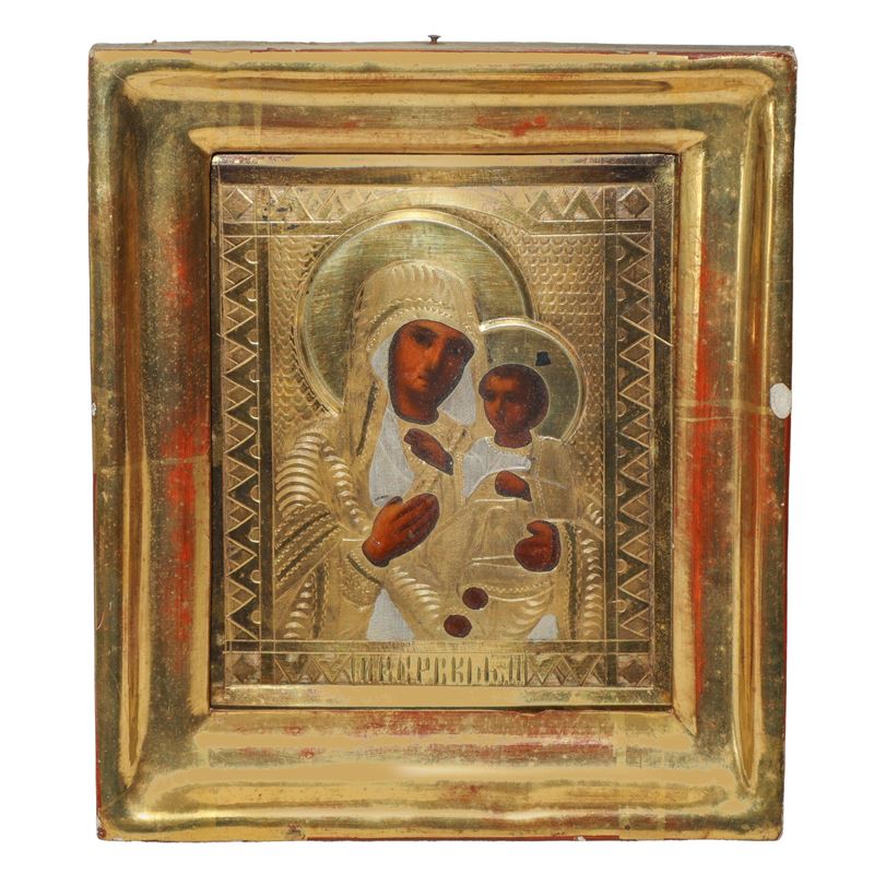 Icona russa in teca con riza dorata e argentata