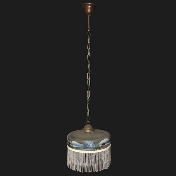 Art Nouveau chandelier in painted glass with a landscape and a fringe of round beads