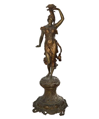Scultura in bronzo femminile portacandele con piedistallo, fine XIX secolo