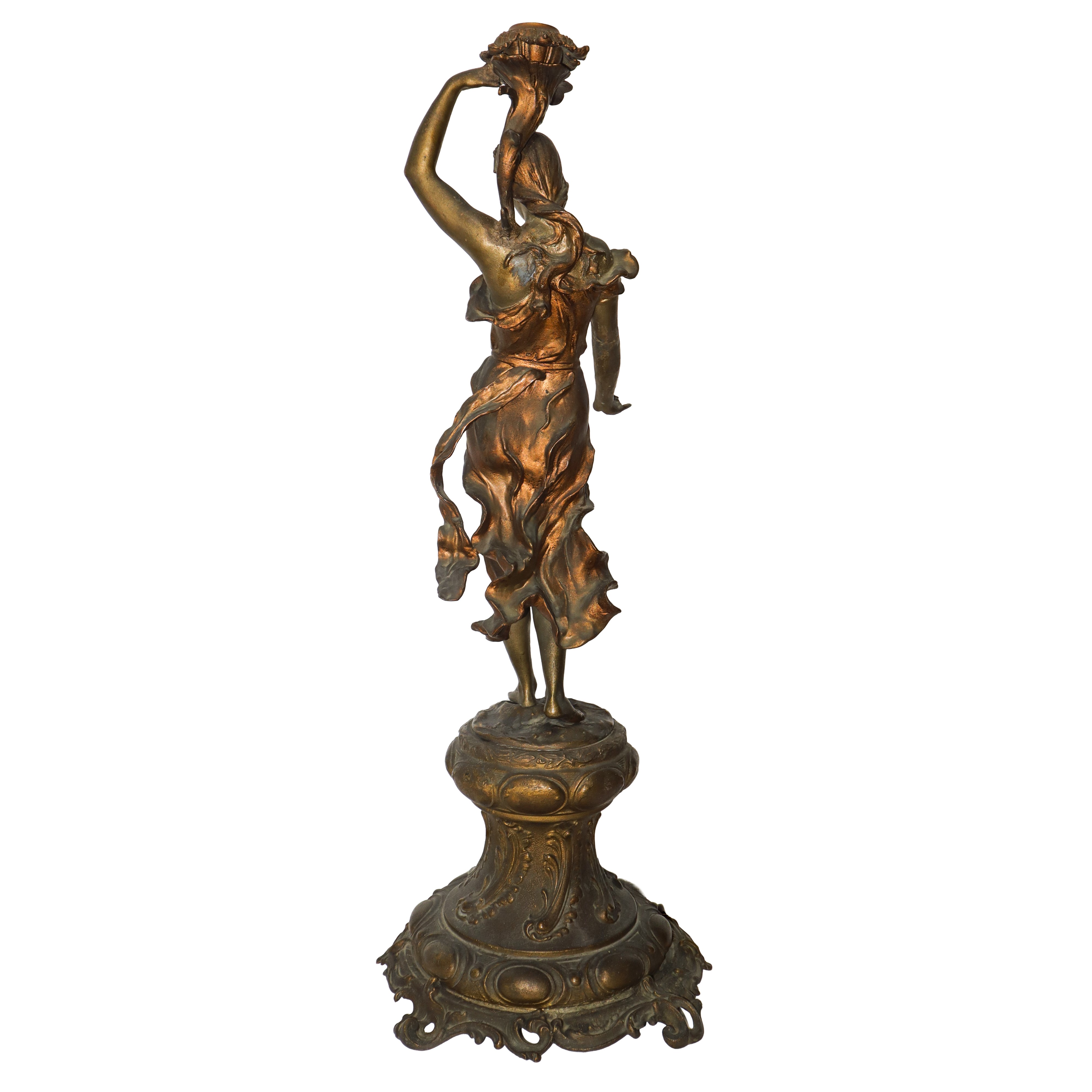 Scultura in bronzo femminile portacandele con piedistallo, fine XIX secolo