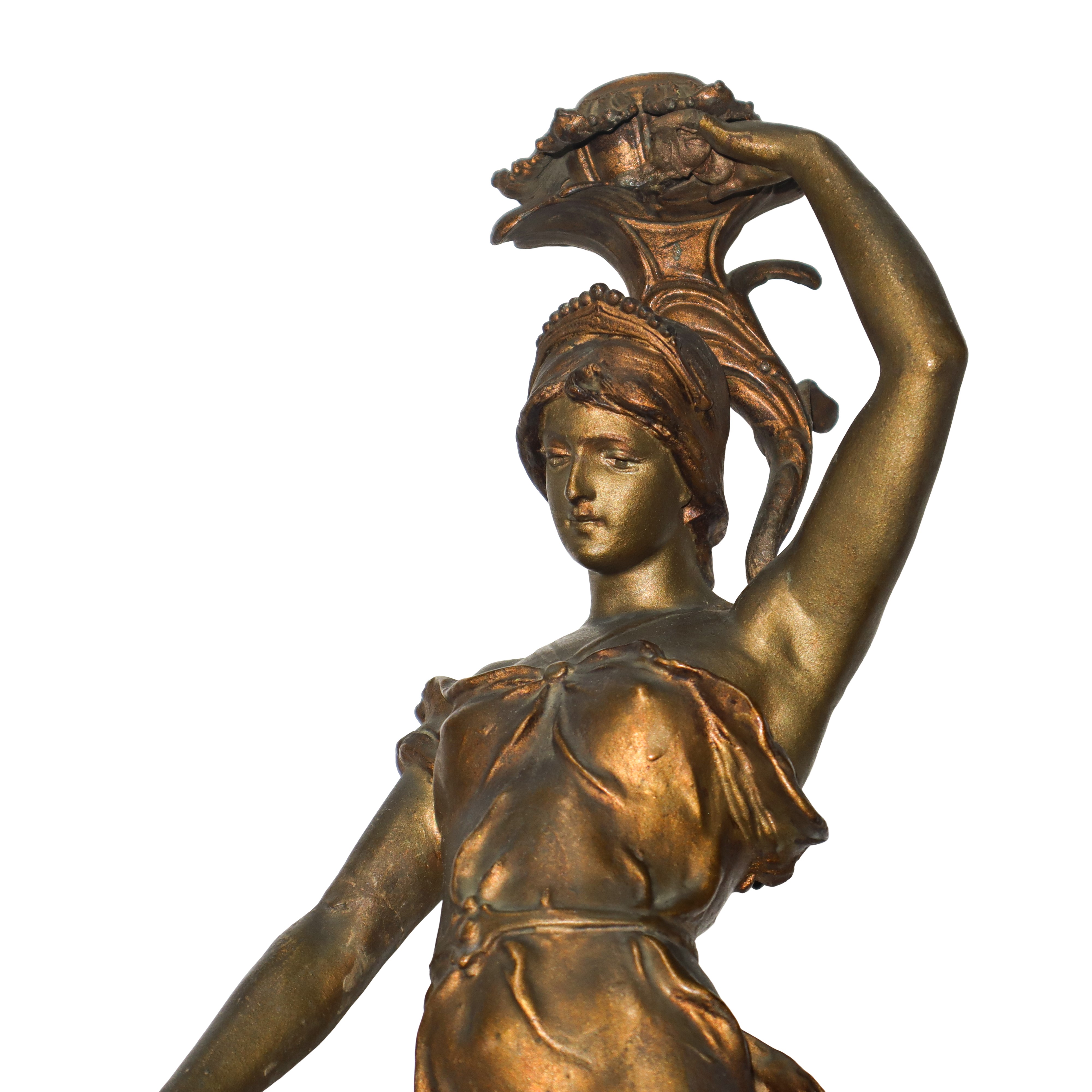 Scultura in bronzo femminile portacandele con piedistallo, fine XIX secolo