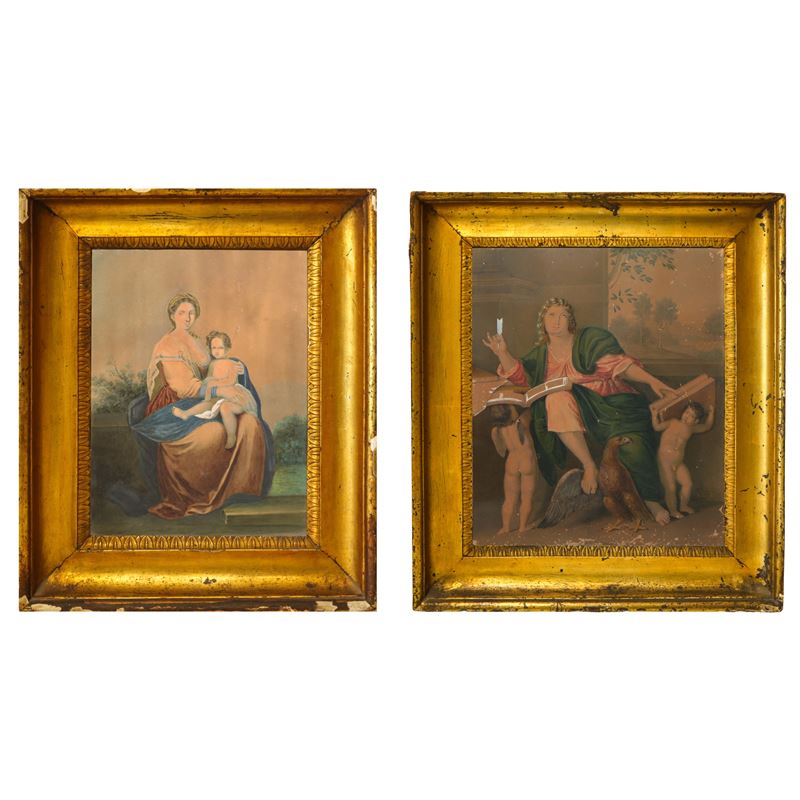 Coppia di cornici dorate a mezzacanna, misure interne 40x33 cm ed esterne 50x44 cm