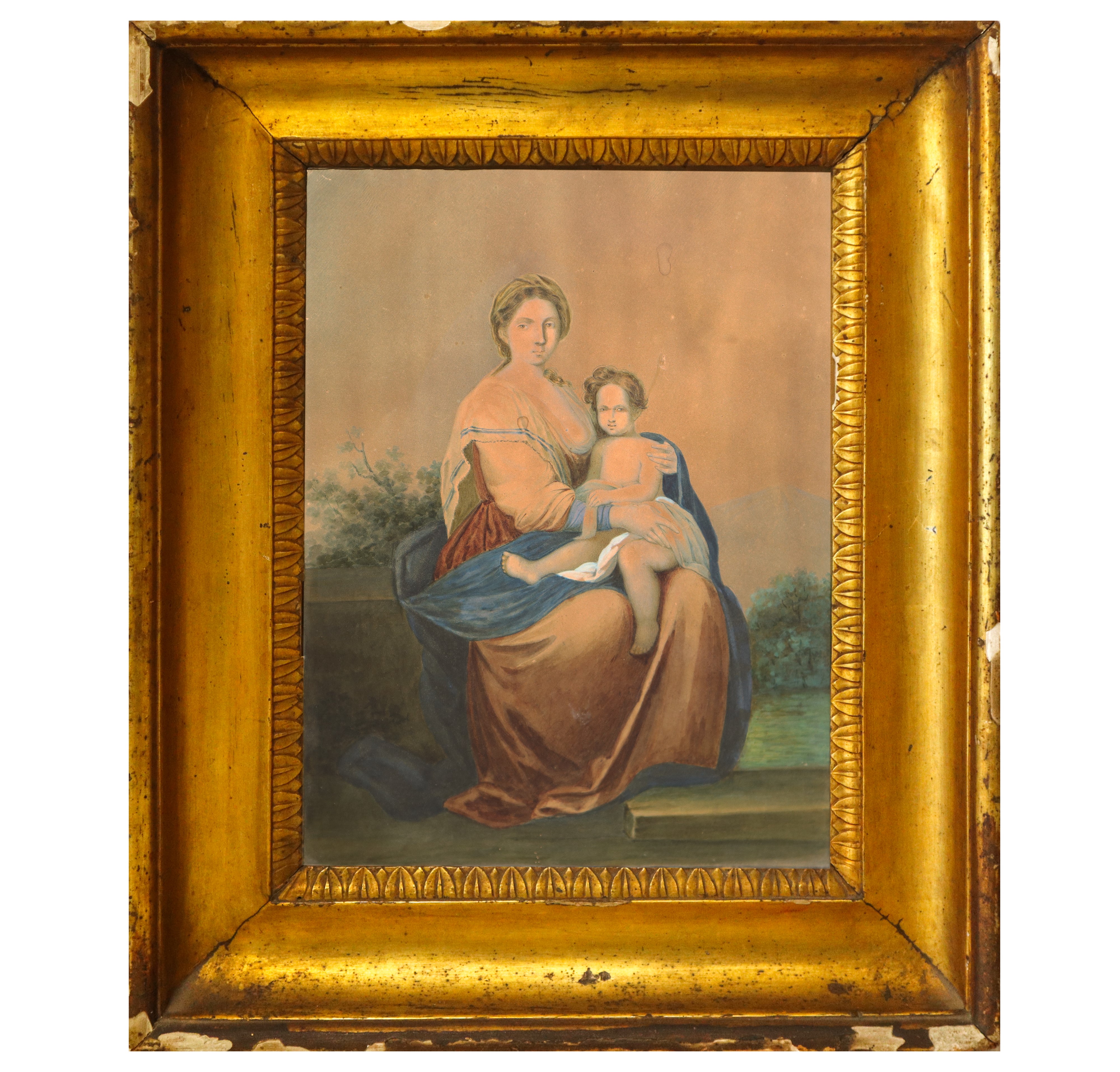 Coppia di cornici dorate a mezzacanna, misure interne 40x33 cm ed esterne 50x44 cm