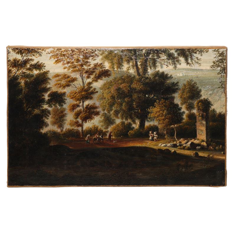 Paesaggio con ruderi e personaggi