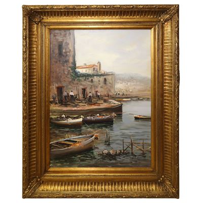 Marina con barche in porticciolo, olio su tela