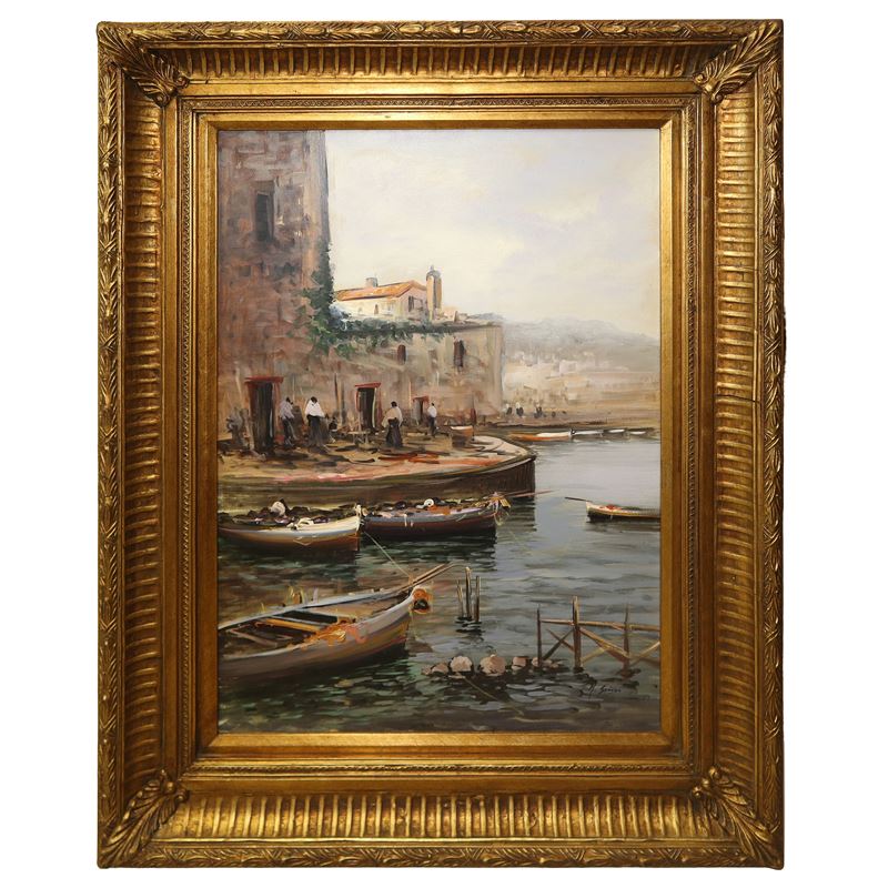 Andrea Savino - Marina con barche in porticciolo, olio su tela