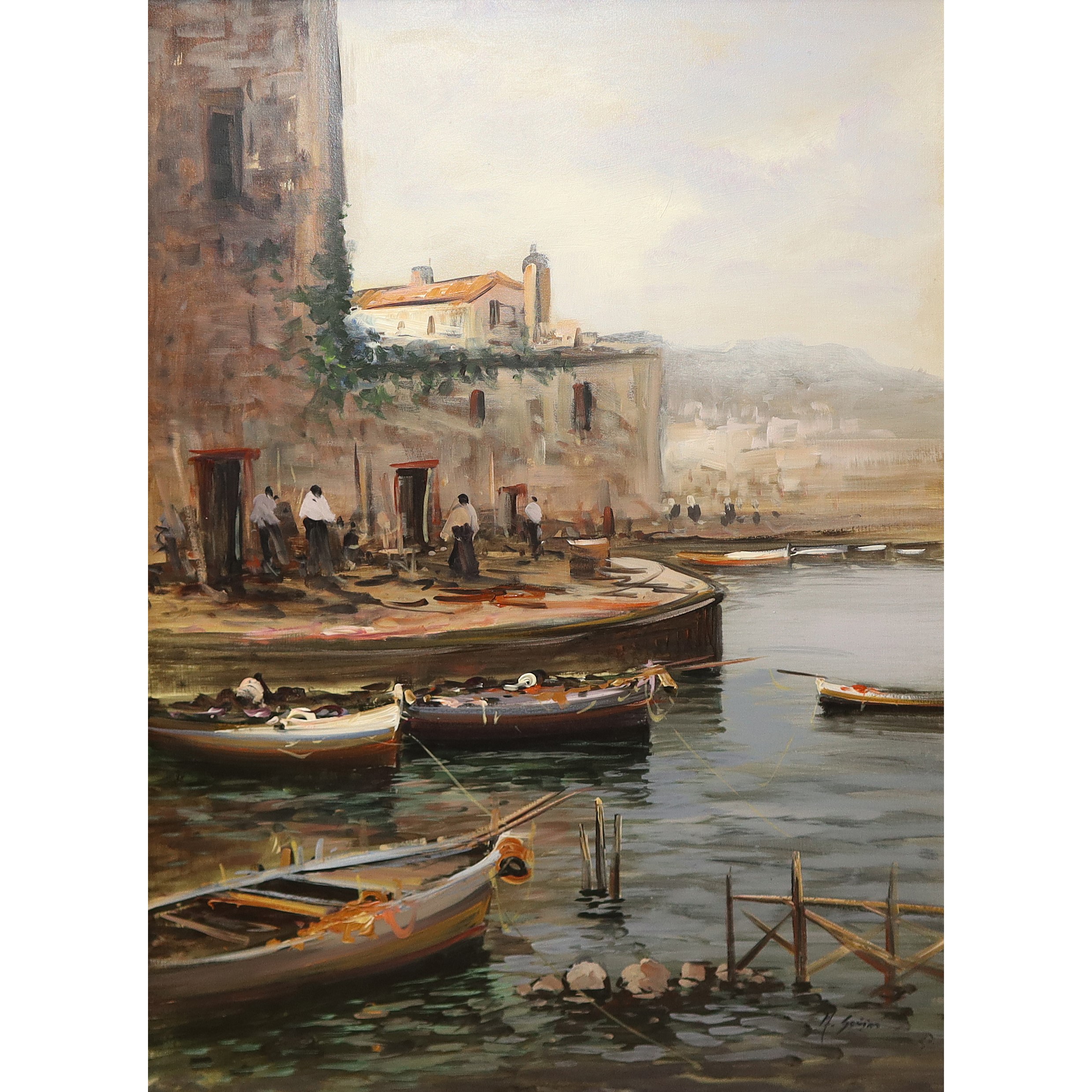 Andrea Savino - Marina con barche in porticciolo, olio su tela