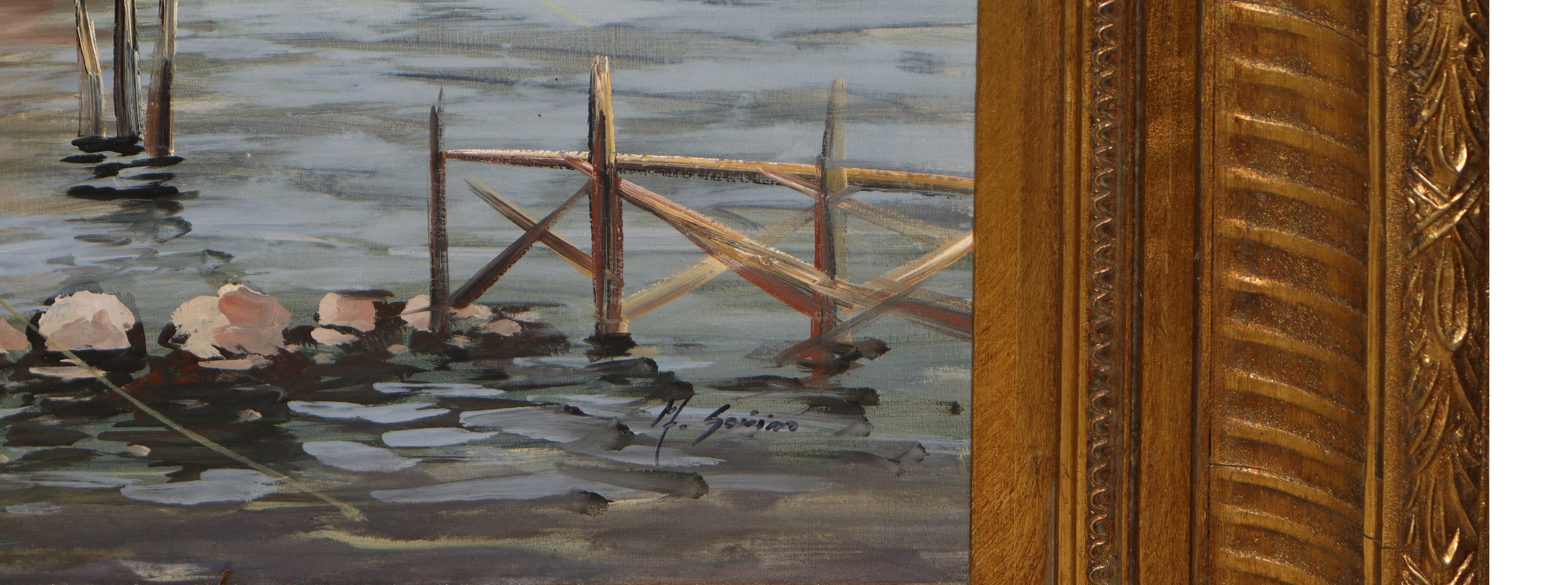 Andrea Savino - Marina con barche in porticciolo, olio su tela