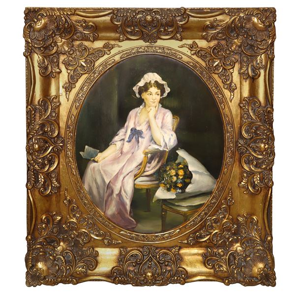 Donna seduta con mazzo di fiori