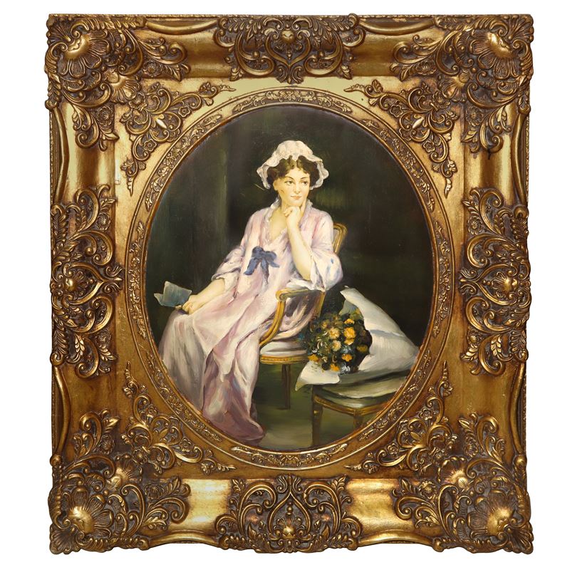Donna seduta con mazzo di fiori