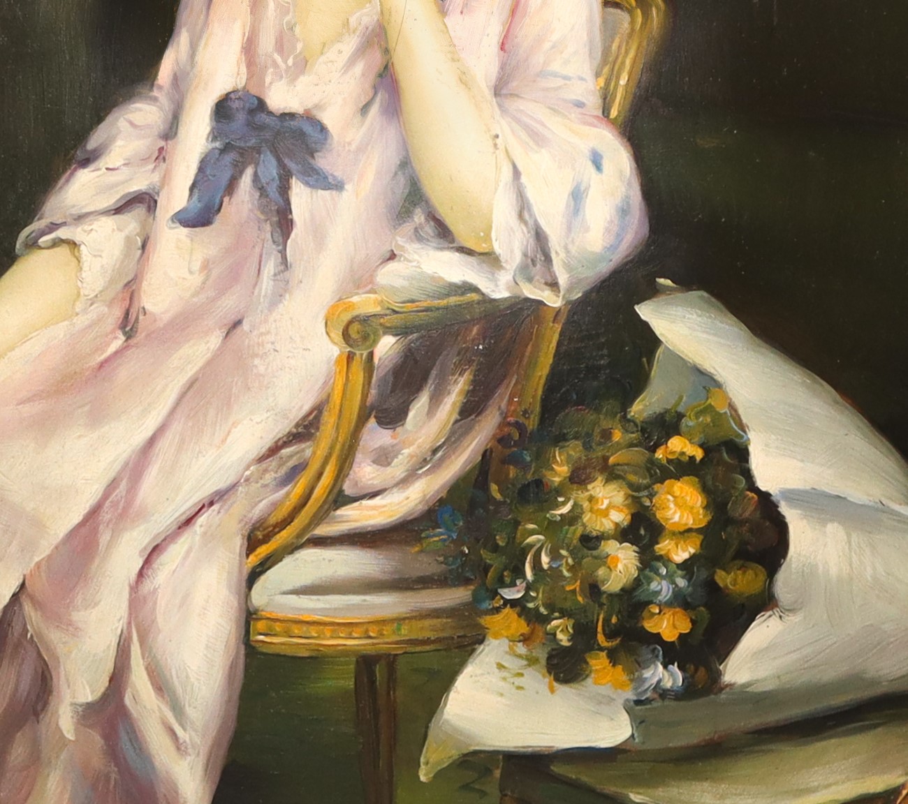 Donna seduta con mazzo di fiori