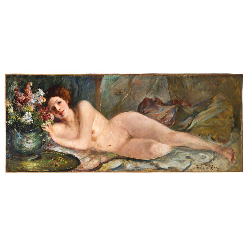 Nudo femminile disteso con vaso di fiori