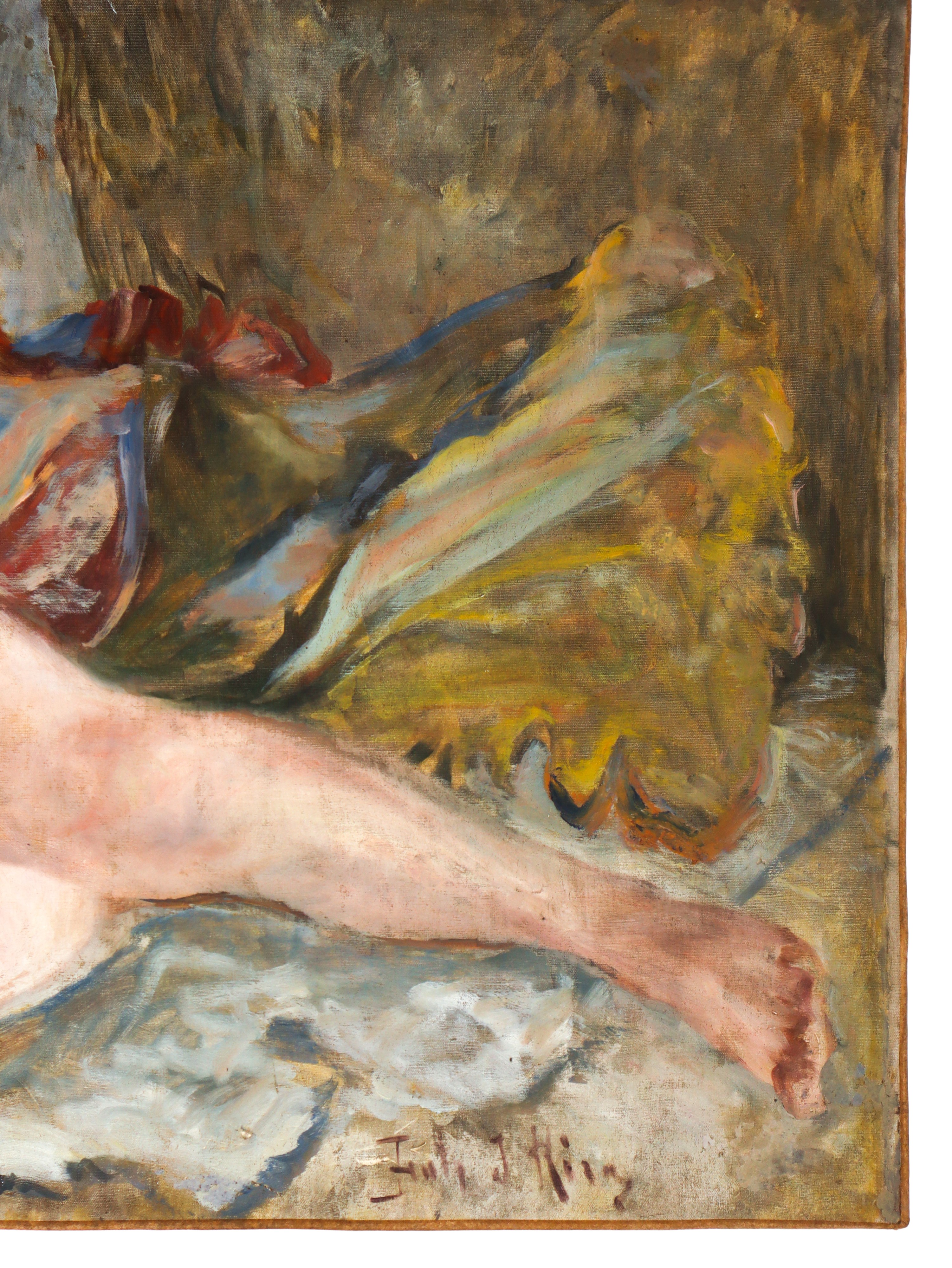 Nudo femminile disteso con vaso di fiori