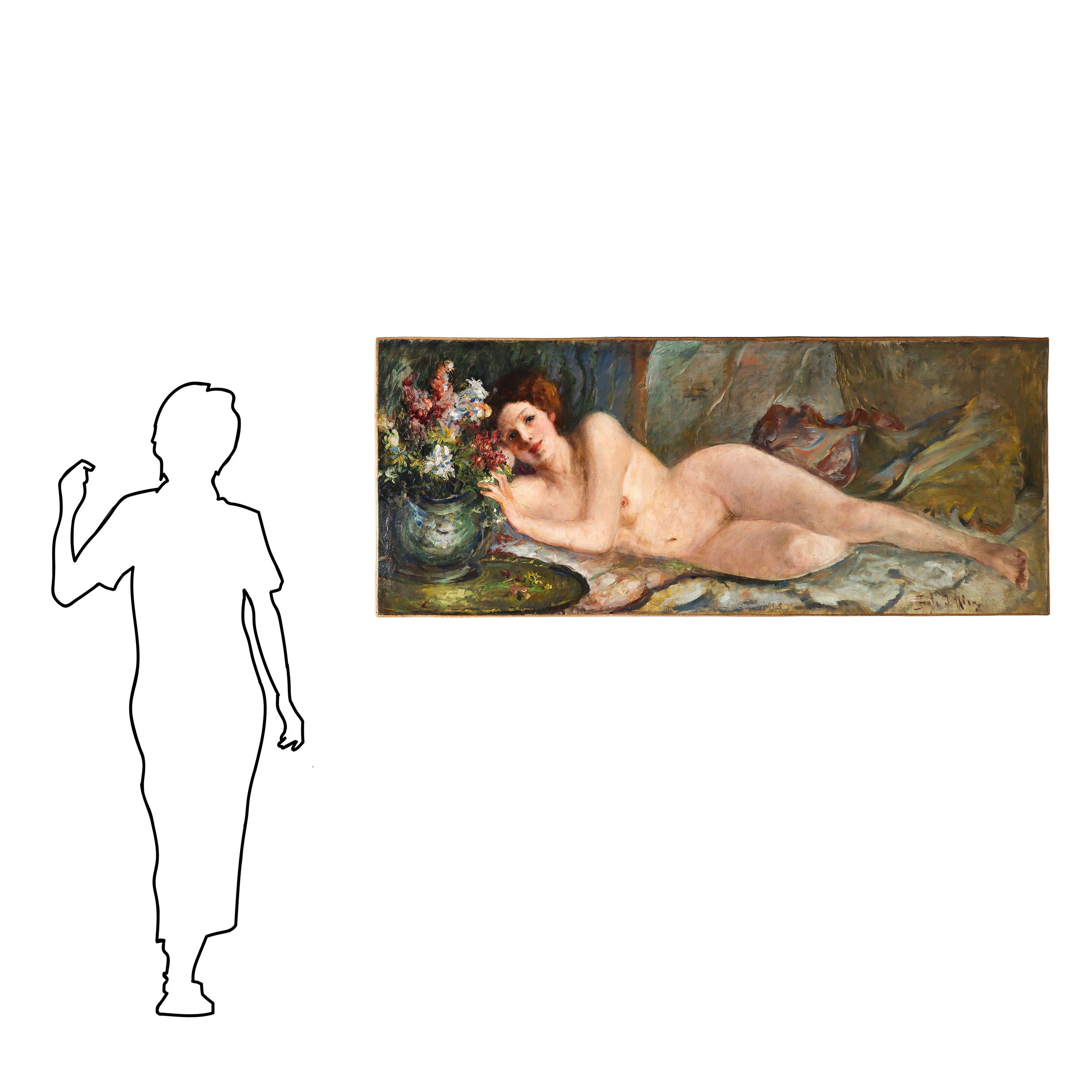 Nudo femminile disteso con vaso di fiori