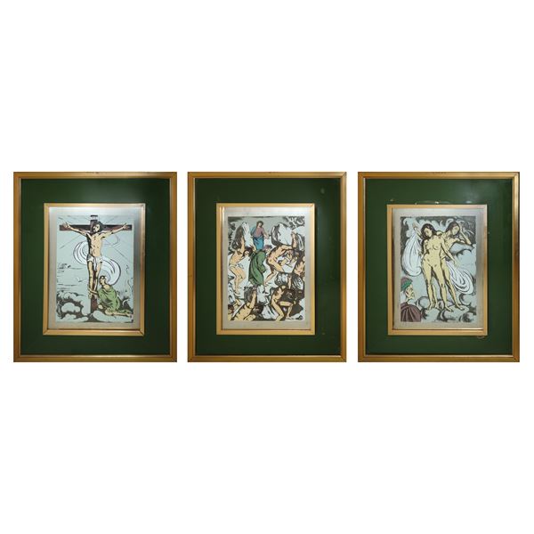 Gregorio Sciltian - Paradise, Purgatory, Hell, three silkscreen prints on silver plate