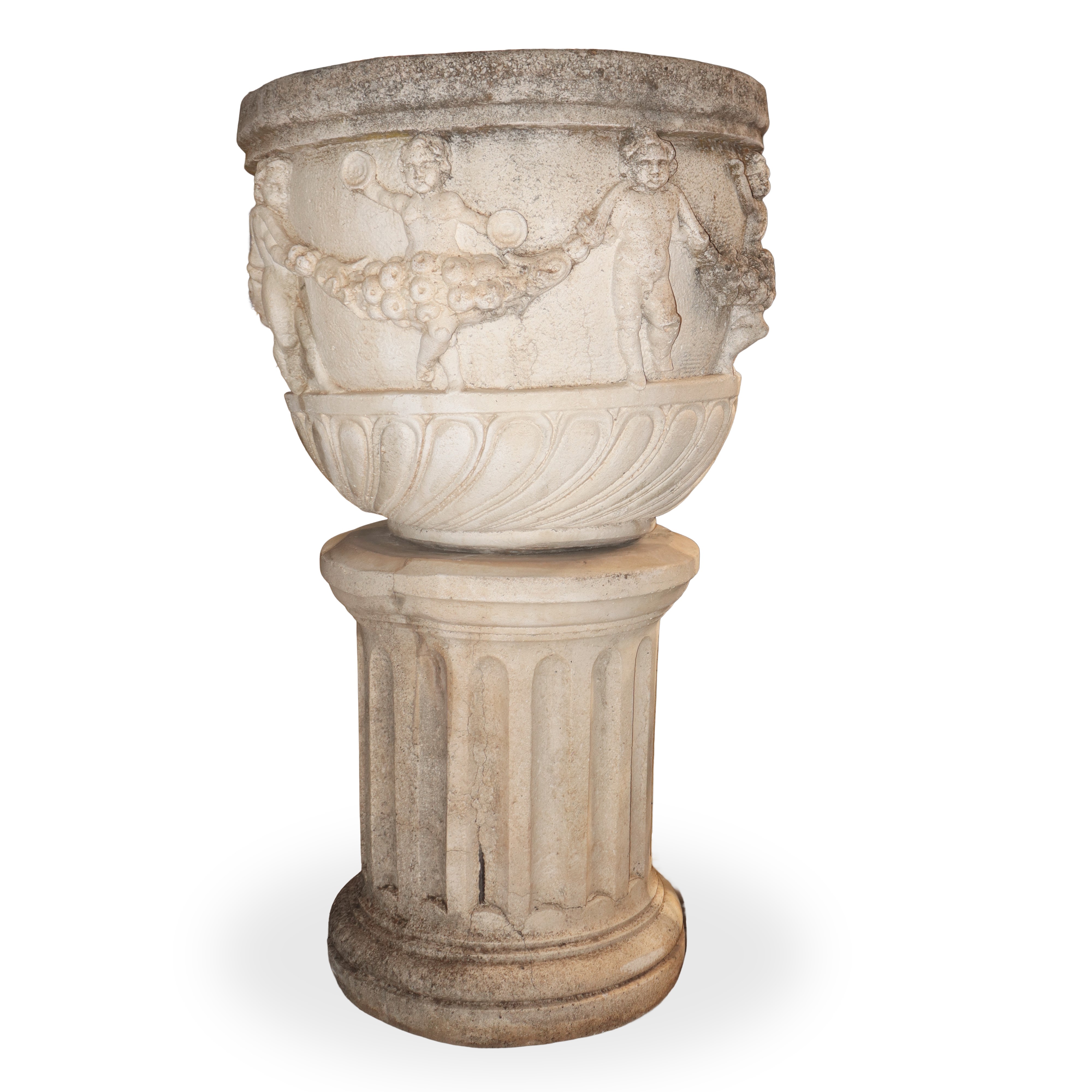 Coppia di Grandi Vasi in Malta Cementizia con Base a Colonna