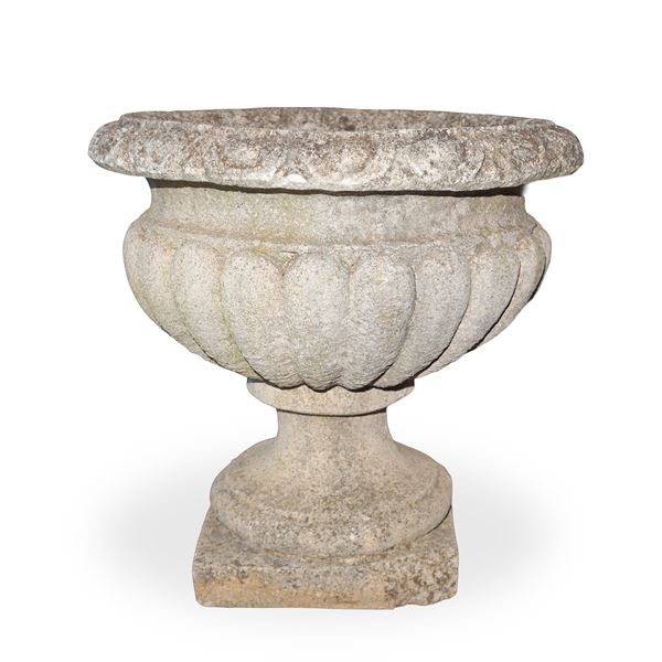 Small crater-shaped cement mortar vase