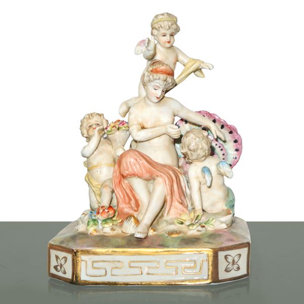 Porcelain Meissen - Diana with cupids, polychrome porcelain sculpture