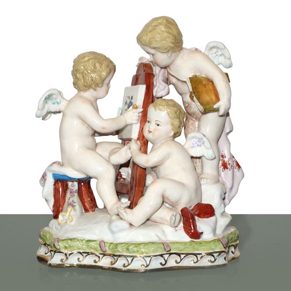 Porcelain Meissen - Group of putti painting, polychrome porcelain sculpture