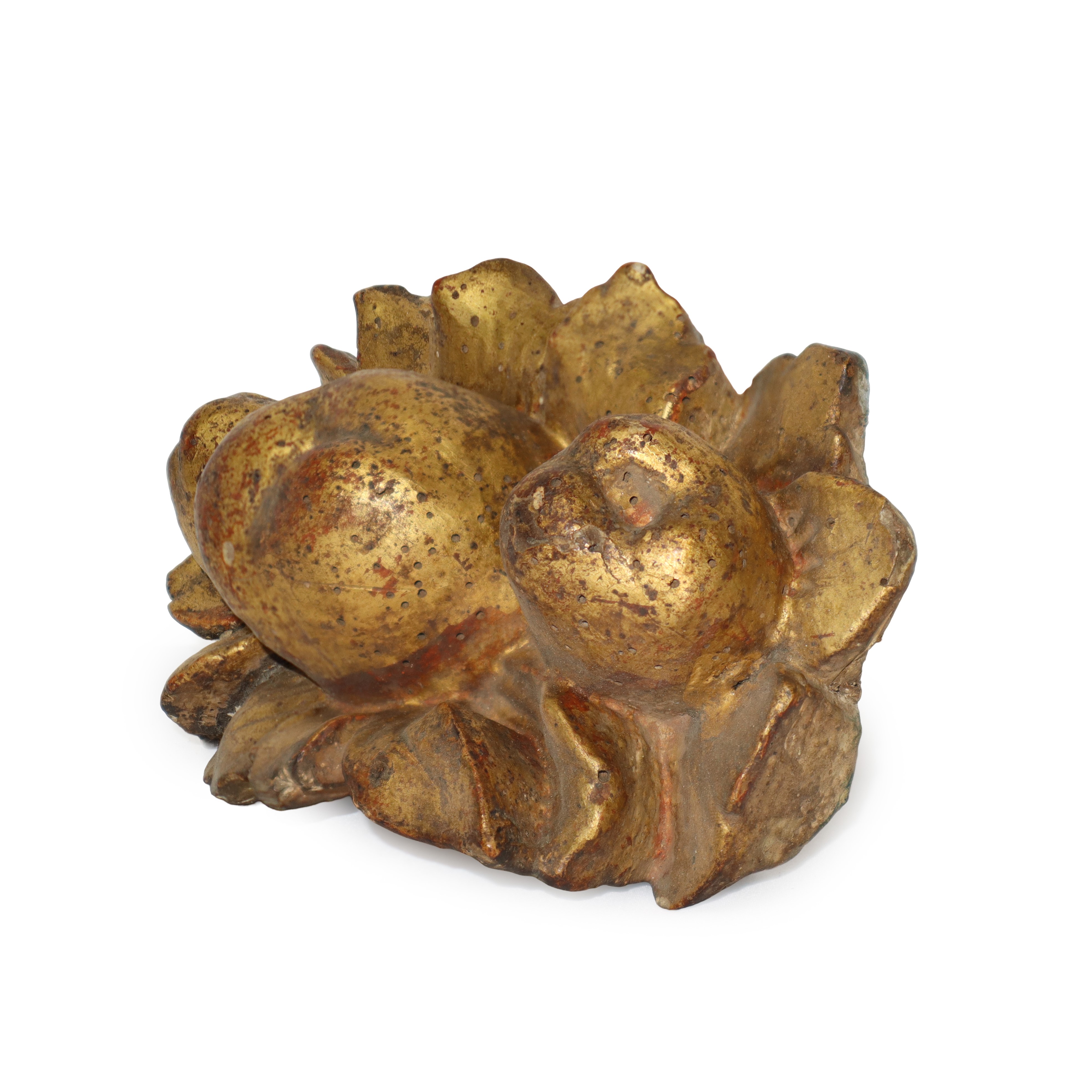 Coppia di Sculture Lignee Dorate a Foglia Raffiguranti Frutti