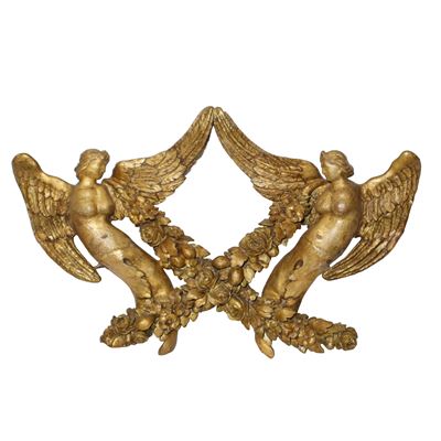 Fregio decorativo, legno dorato intagliato con putti e ghirlanda di fiori