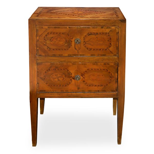 Two-drawer bedside table with truncated pyramidal feet in walnut wood