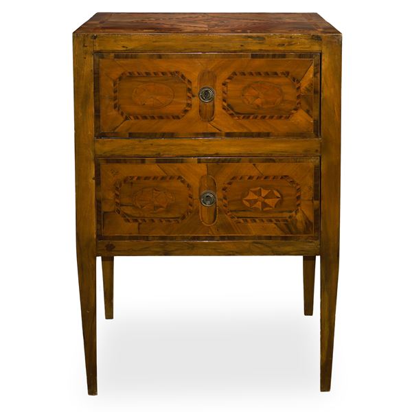 Two-drawer bedside table with truncated pyramidal feet in walnut wood