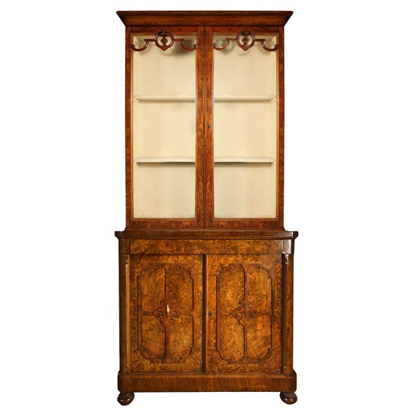 Two-body display case: upper body with glass, lower body with two doors