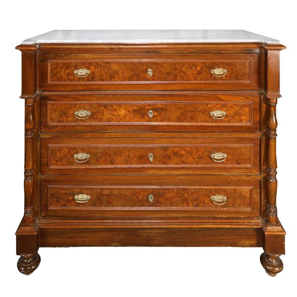 Walnut burl chest of drawers with 4 drawers and columns on the sides