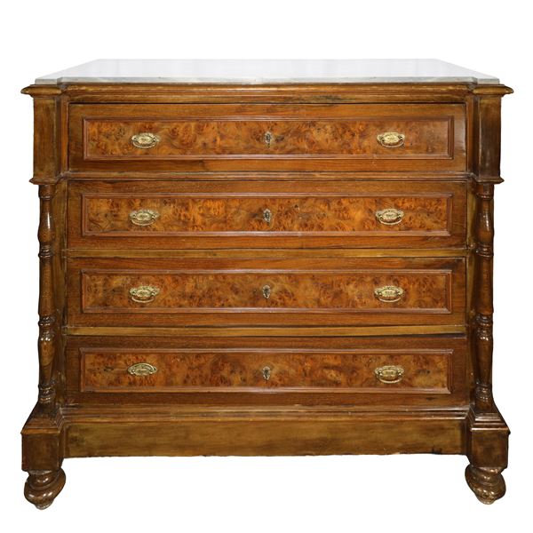 Walnut burl chest of drawers with 4 drawers and columns on the sides