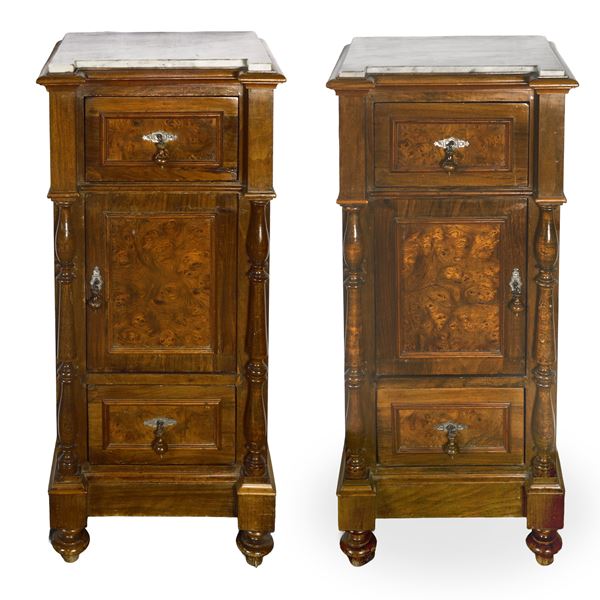 Pair of walnut burl bedside tables