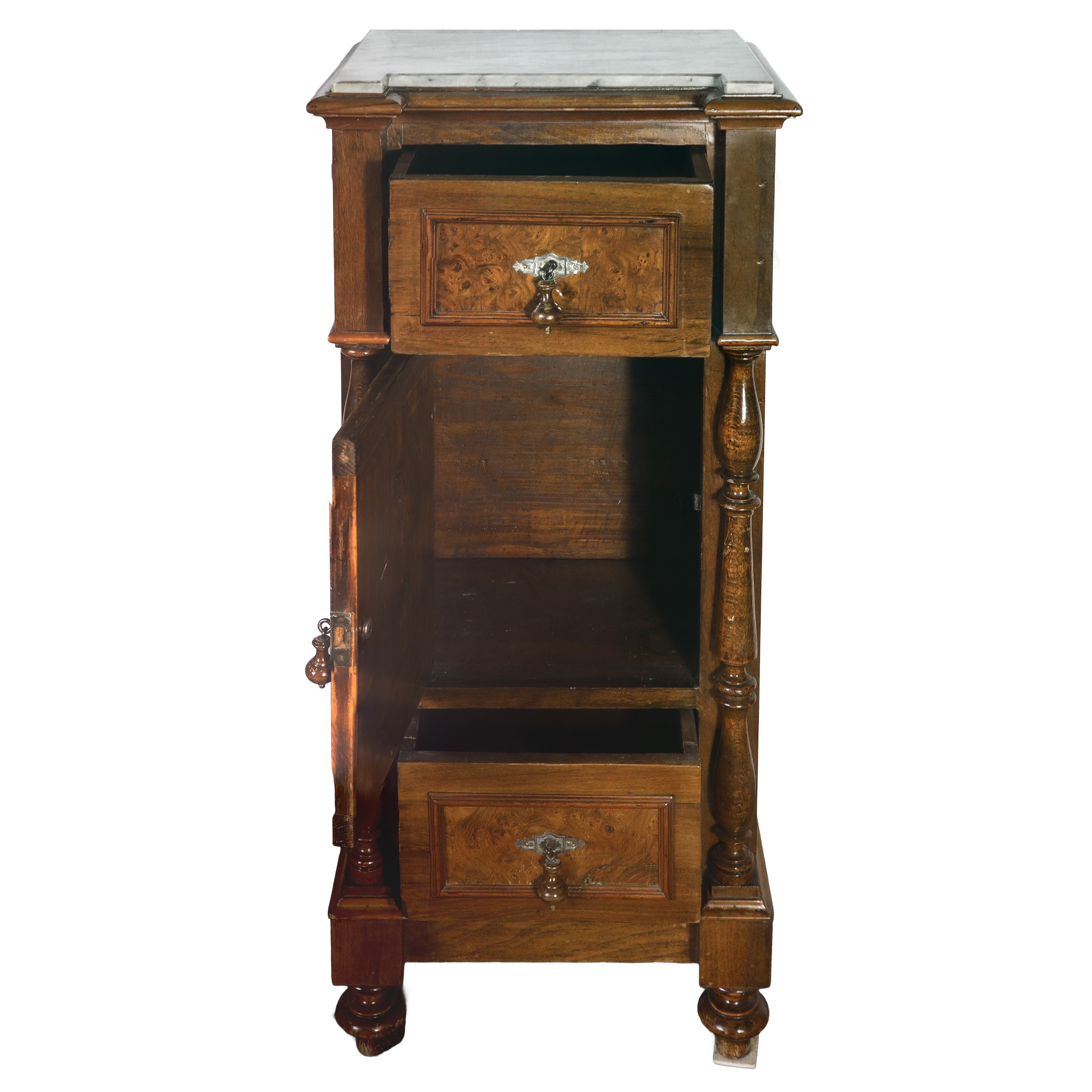 Coppia di comodini in radica di noce, h cm 96x43x33