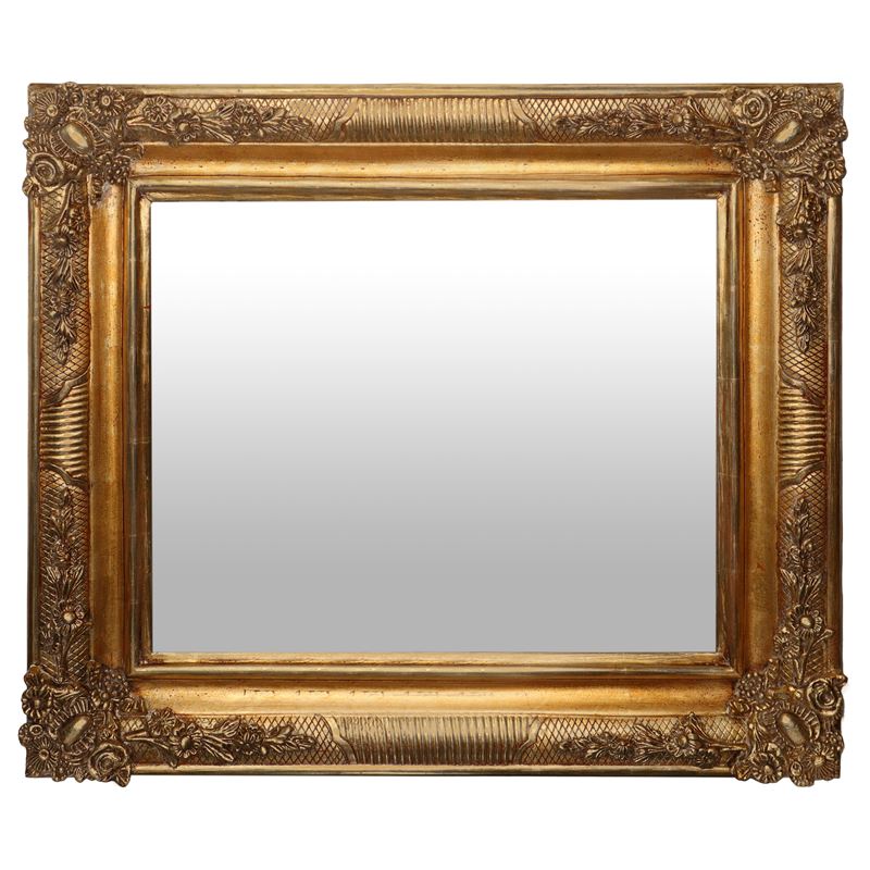 Specchiera rettangolare in cornice dorata con decorazioni floreali agli angoli