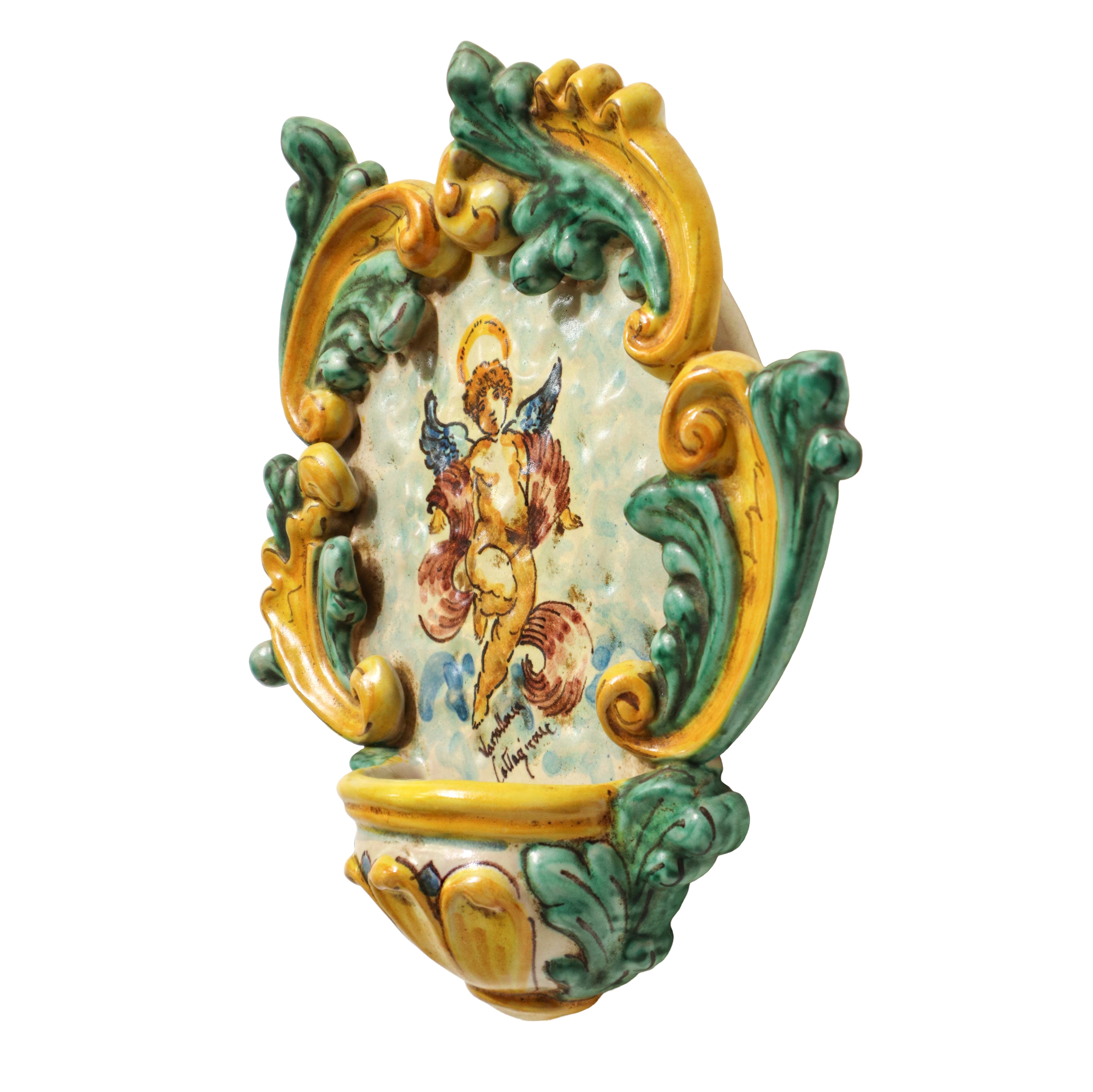 Riccardo Varsallona Ceramiche - Acquasantiera in Maiolica di Caltagirone Dipinta Policroma con Ra...