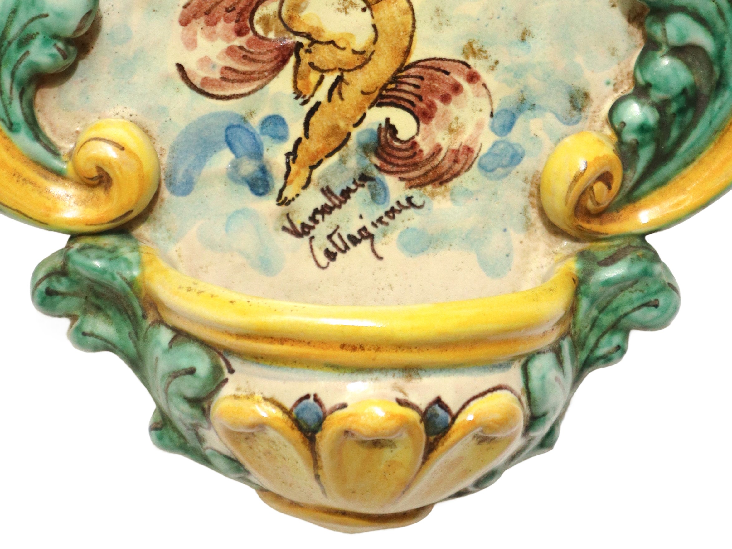 Riccardo Varsallona Ceramiche - Acquasantiera in Maiolica di Caltagirone Dipinta Policroma con Ra...