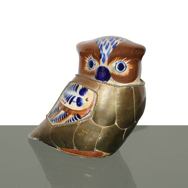 Sergio  Bustamante - Ceramic owl on gilded brass