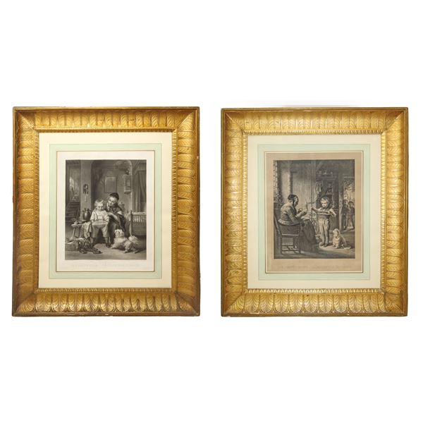 Pair of Empire frames in gilded wood, engraved and carved with acanthus leaves