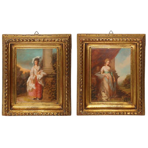 Figure femminili, coppia di piccoli dipinti