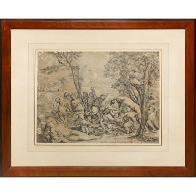 Al. ill.mo Sig. Don Fabio della Corgna, Simposio, scena mitologica, incisione a acquaforte