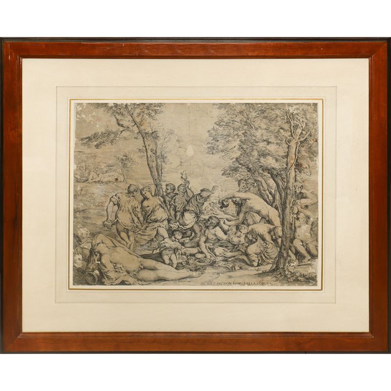 Al. ill.mo Sig. Don Fabio della Corgna, Simposio, scena mitologica, incisione a acquaforte