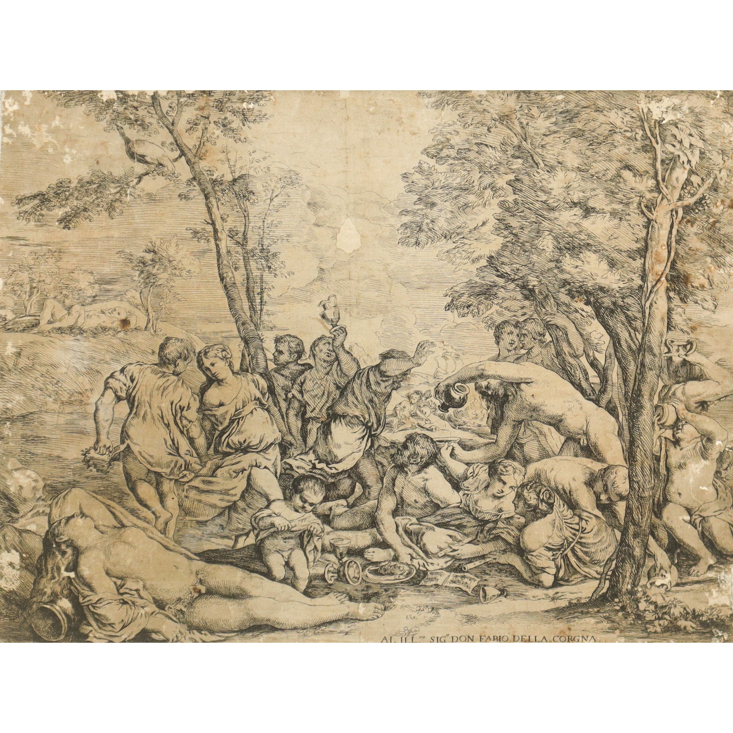 Al. ill.mo Sig. Don Fabio della Corgna, Simposio, scena mitologica, incisione a acquaforte