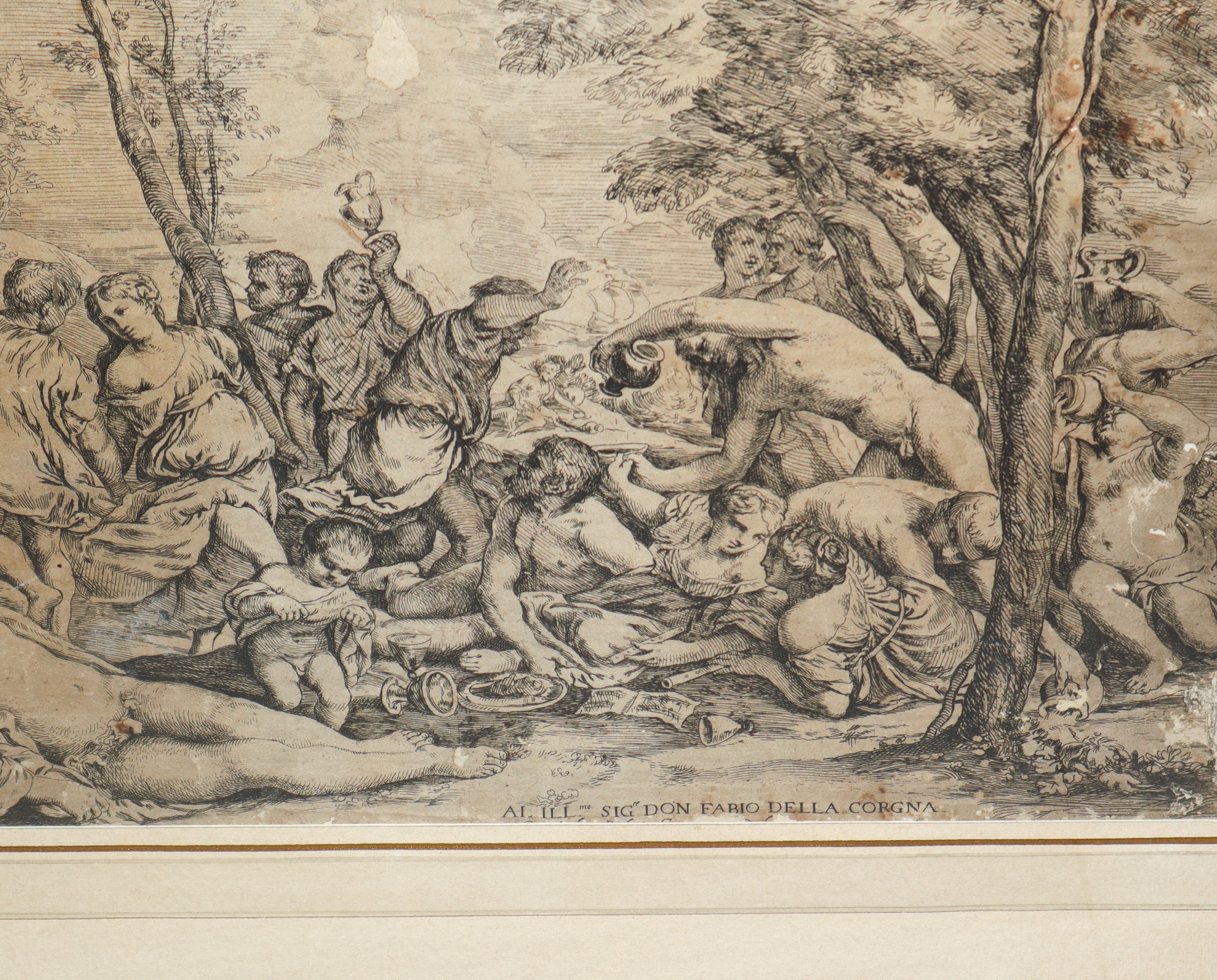 Al. ill.mo Sig. Don Fabio della Corgna, Simposio, scena mitologica, incisione a acquaforte