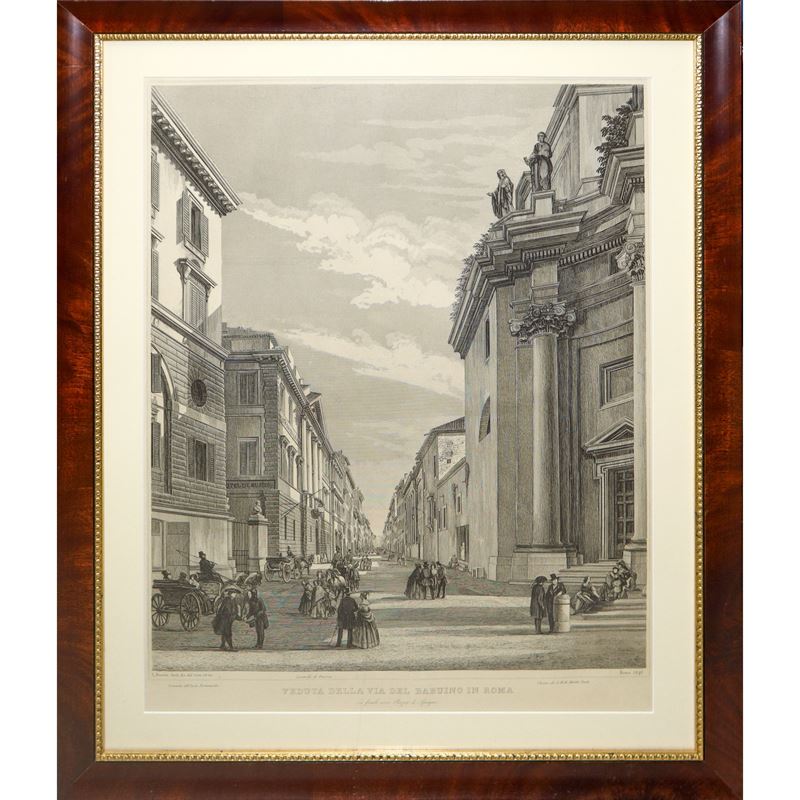 L. Rossini, Veduta della via del Babuino in Roma, in fondo piazza di Spagna, disegno