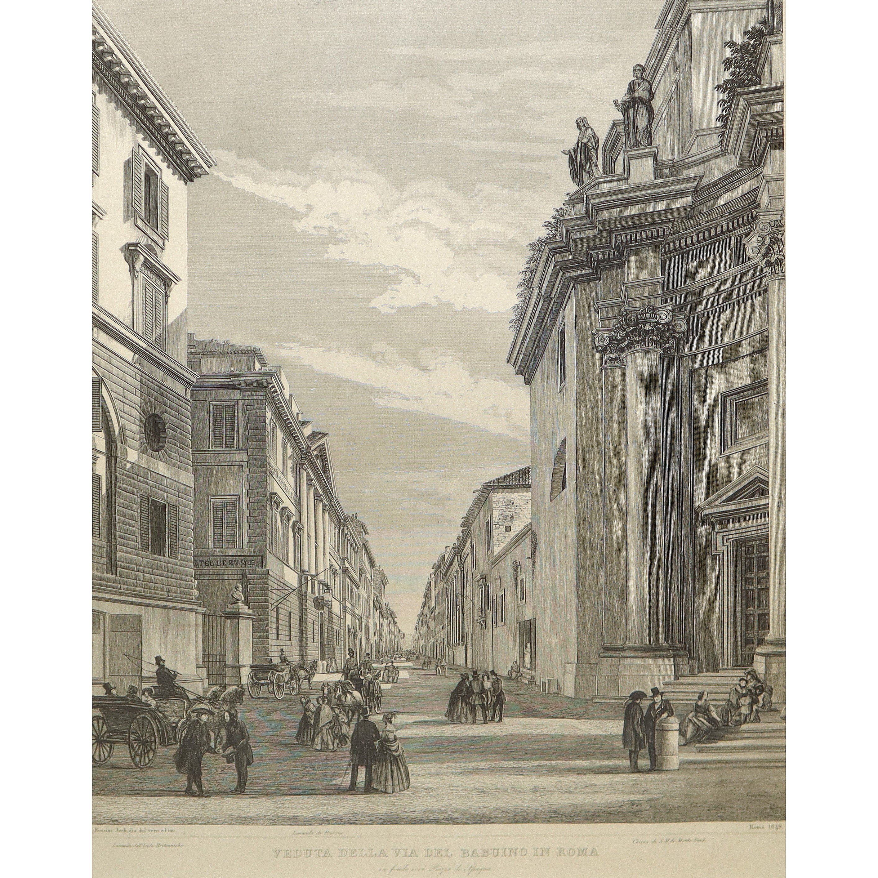 L. Rossini, Veduta della via del Babuino in Roma, in fondo piazza di Spagna, disegno