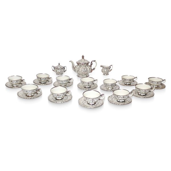 Bavaria - Servizio da tè da 12 decorato a mano con motivi floreali e profili in argento in stile barocco
