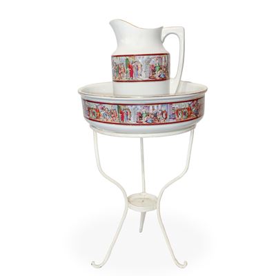 Lavamani con versatoio, supporto e scene classiche, ceramica