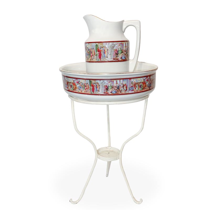 Lavamani con versatoio, supporto e scene classiche, ceramica